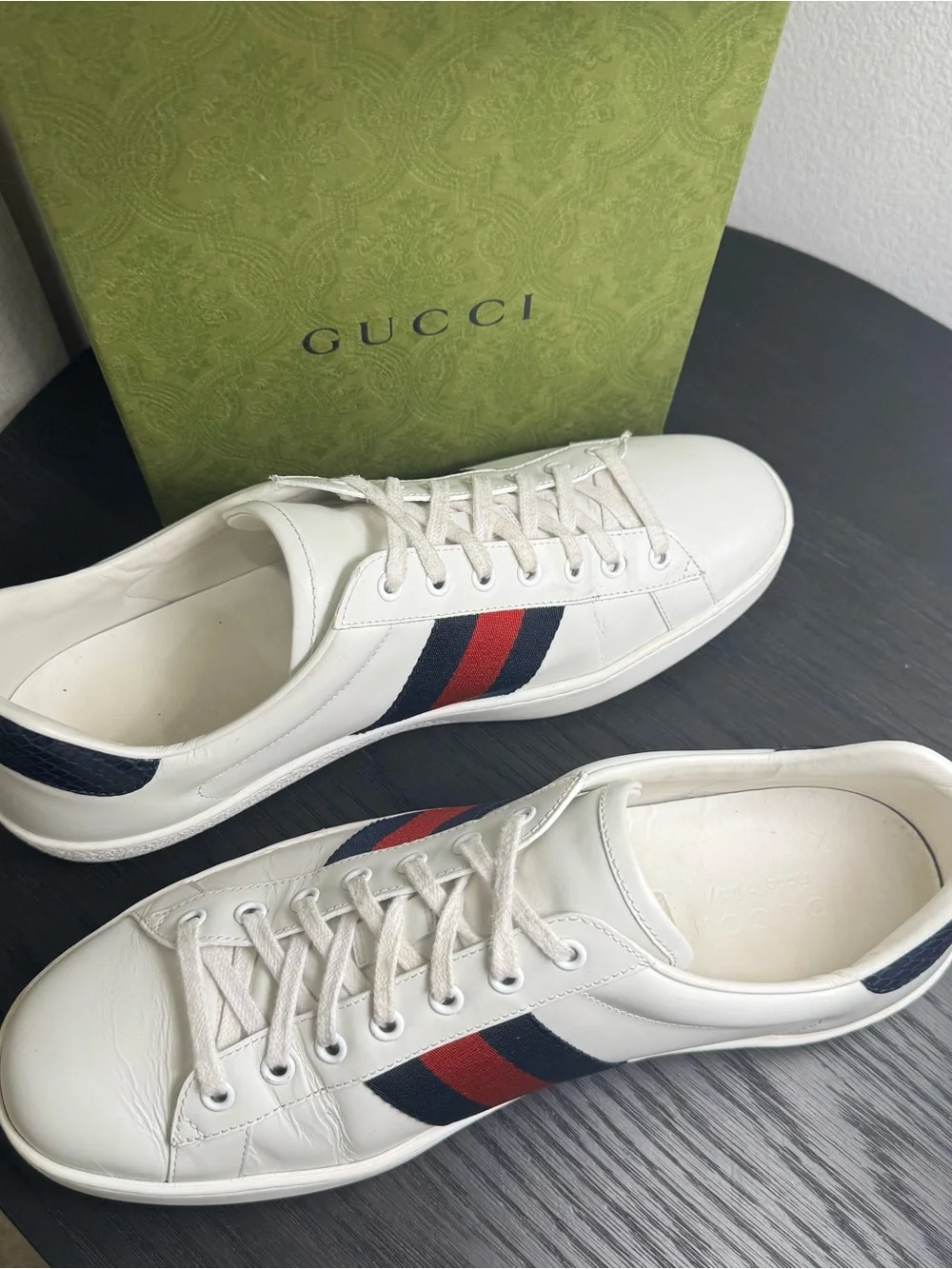 Gucci Ace Web Stripe Classic Leather Sneakers White 10.5